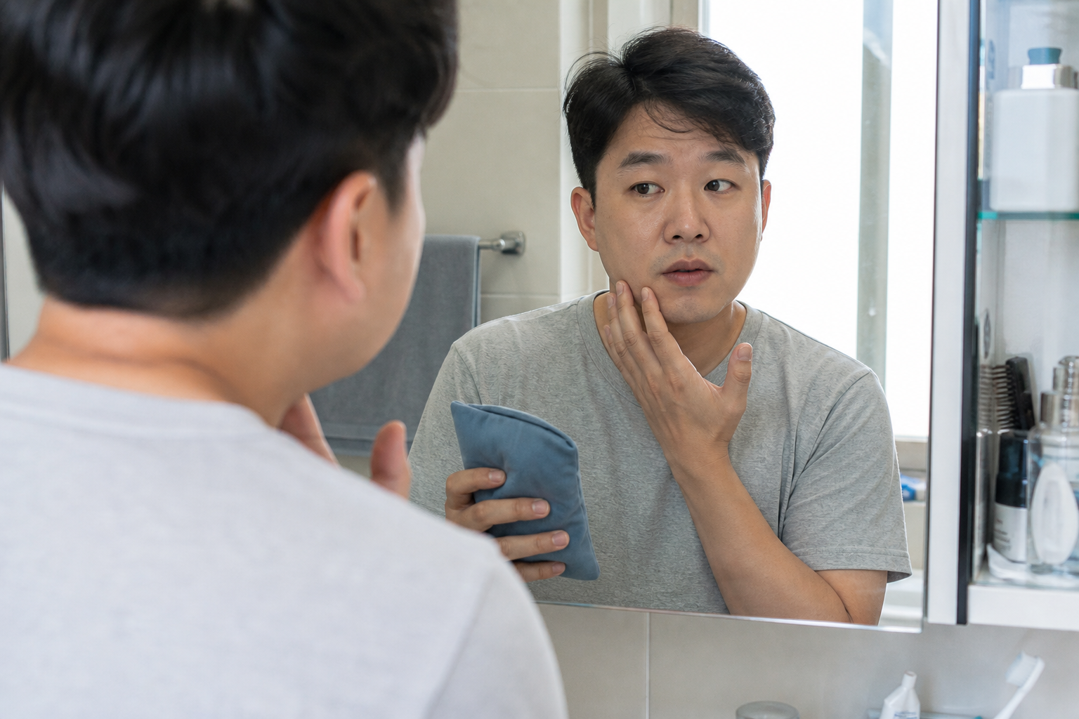 물과 함께 진통제를 복용하는 모습